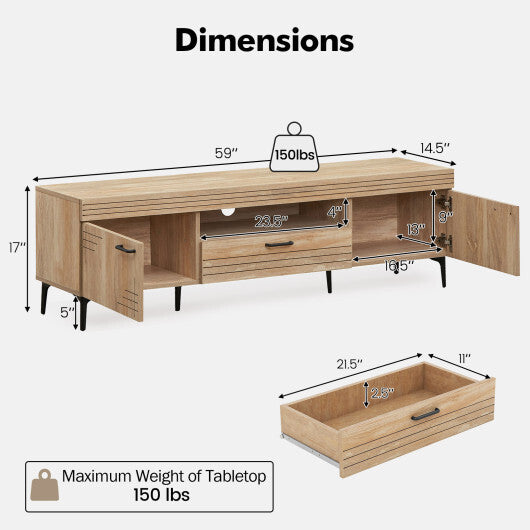 TV Stand with 2 Cabinets and Storage Drawer for 65 Inches TVs-Oak W2B