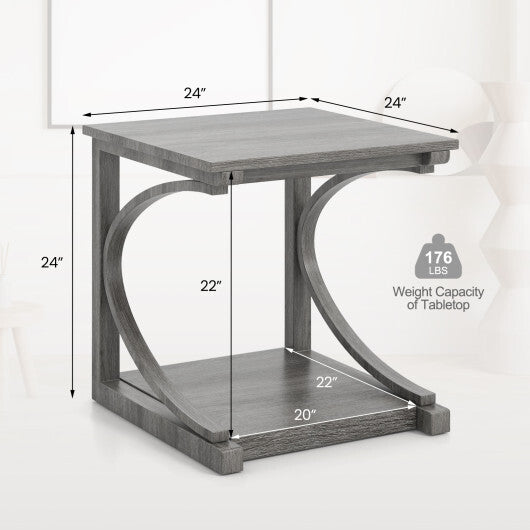 C-shaped 24 Inch 2 Tier Square End Table Sofa Side Table-Grey W2B