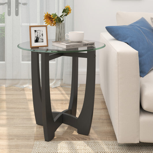 23.5 Inch Round End Side Table with Tempered Glass Tabletop-Black W2B