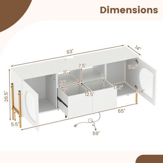 TV Stand for 70 Inch TV with Power Outlets Drawers and Open Shelves-White