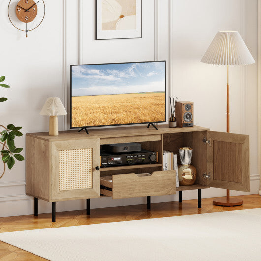 Boho TV Stand for 60 Inch TV Entertainment Center with Cabinets and Storage Shelf-Natural W2B
