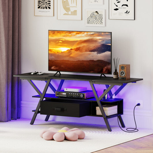 TV Stand for 65 Inch TVs with Power Outlets and LED Lights-Rustic Brown W2B