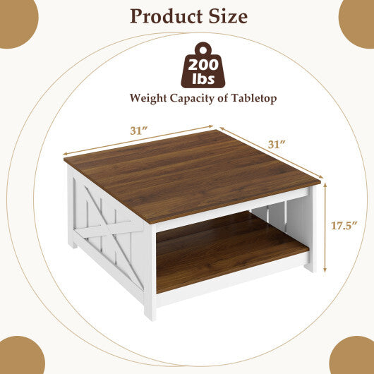 Farmhouse Coffee Table 31 Inch Square Coffee Table with Storage Shelf-White W2B