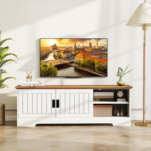 Farmhouse TV Stand for TVs up to 65 Inch with Sliding Doors and Storage Cabinets-White W2B