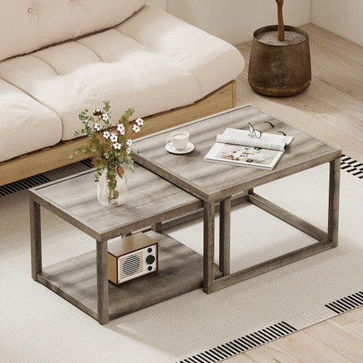 Nesting Coffee Table Set of 2 Stackable Rectangular End Tables-Gray W2B