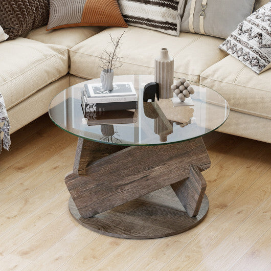 Round Glass Coffee Table 32 Inch Modern Center Table with Tempered Glass Top-Gray W2B