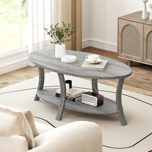 Oval Coffee Table 2-Tier Center Table with Storage Shelf-Gray W2B