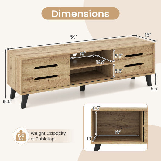 Mid Century Modern TV Stand with Sliding Doors and Cable Hole for 65 Inch TVs-Natural W2B