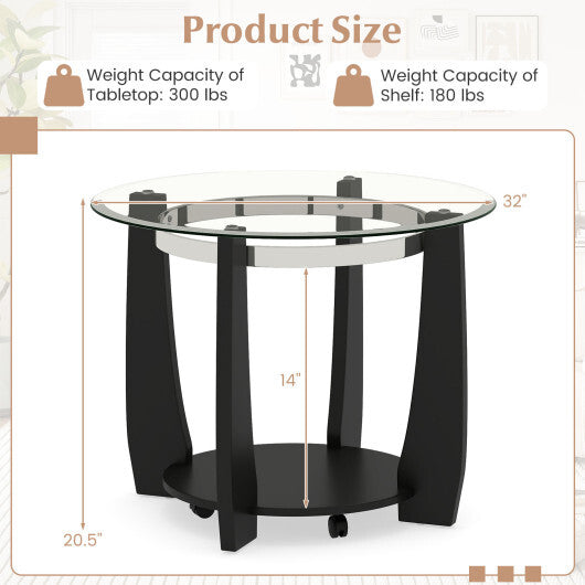 32" 2-Tier Glass Round Coffee Table with Storage Shelf-Walnut W2B