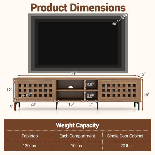 TV Stand for TVs up to 80" with 2 Doors and Storage Cabinets-Walnut W2B