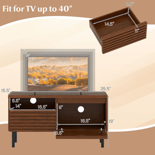 Mid Century Fluted TV Stand for 40 Inch TV Modern Entertainment Center with Open Compartment-Walnut W2B