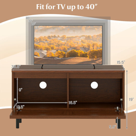Mid Century Fluted TV Stand for 40" TV with 2 Hidden Compartments and Metal Legs-Walnut W2B