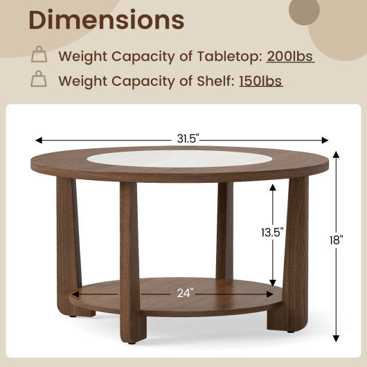 Farmhouse Accent Round Coffee Table with 2-Tone Tabletop and Open Storage Shelf for Living Room-Brown W2B
