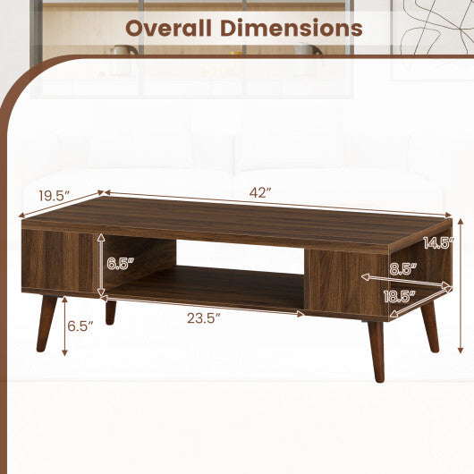 42 Inch Mid Century Modern Coffee Table Rectangular with Open Compartment-Walnut W2B