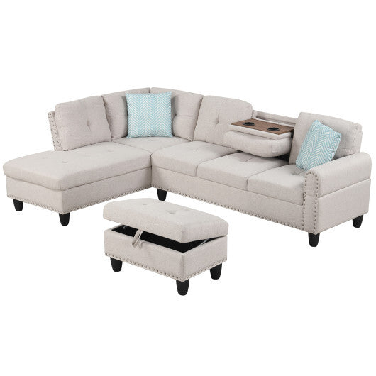 98 Inches Sectional Sofa Couch with Movable Storage Ottoman and Linen Fabric Backs-DG W2B