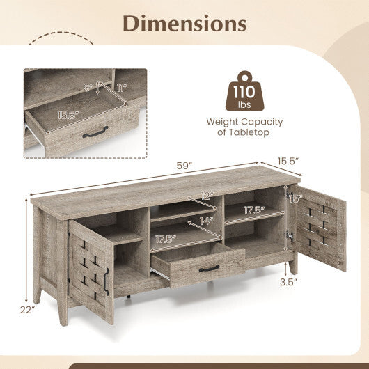 Farmhouse TV Stand for 65 Inch TVs with 2 Woven Accent Doors and 3 Adjustable Shelves-Rustic Brown W2B