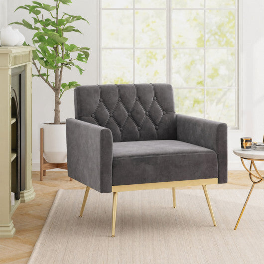 Modern Velvet Upholstered Accent Chair with Button-Tufted Back and Adjustable Feet-Gray W2B