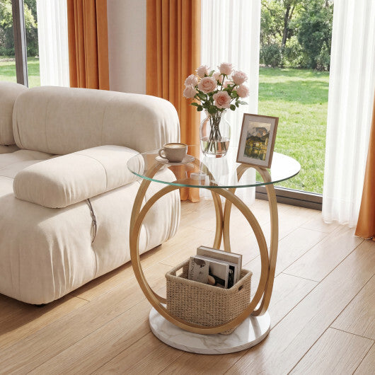 Round End Table Faux Marble Side Table with Tempered Glass Tabletop-Gold W2B