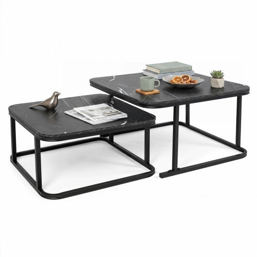 Nesting Coffee Table Set of 2 with Faux Marble Top and Metal Frame-Black W2B