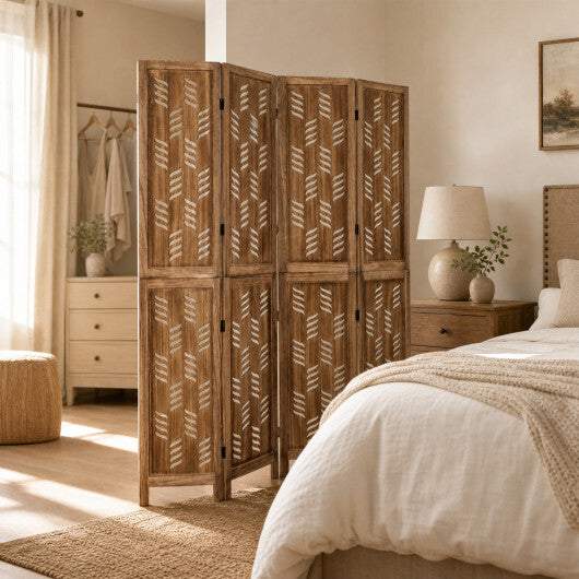 5.5 FT Tall Room Divider 4 Panels with Wave Cutout & Paulownia Frame for Room-Brown W2B