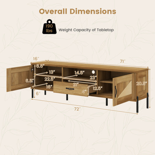 Rattan TV Stand for TVs up to 80" Mid Century Modern Media Console Table with 2 Storage Cabinets-Natural W2B