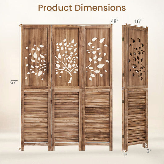 67" Folding Room Divider 3 Panels with Tree Cutout & Louver Design for Room-Rustic Brown W2B