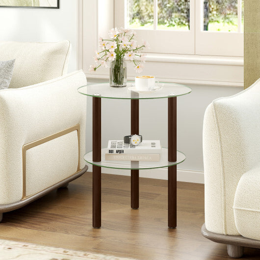 2-Tier Round End Table with Clear Tempered Glass Top and Shelf-Brown W2B