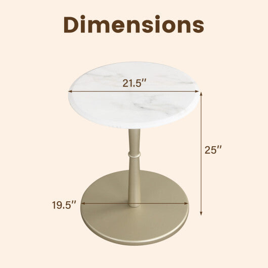 Round Marble Side Table with Stone Finish and Wooden Base for Small Spaces-White and Gold W2B