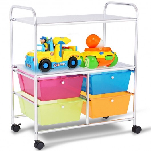 4 Drawers Shelves Rolling Storage Cart Rack-Hot Pink W2B