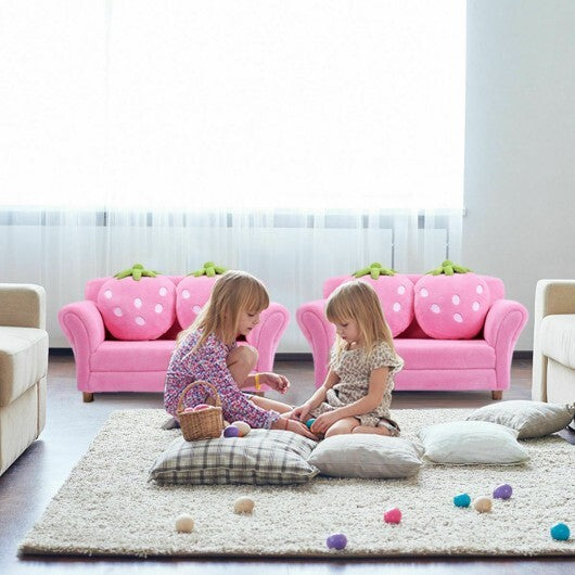 Kids Strawberry Armrest Chair Sofa with 2 Cute Strawberry Pillows-Pink W2B