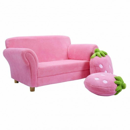 Kids Strawberry Armrest Chair Sofa with 2 Cute Strawberry Pillows-Pink W2B