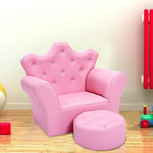 Pink Kids Sofa Armrest Couch with Ottoman-Pink W2B