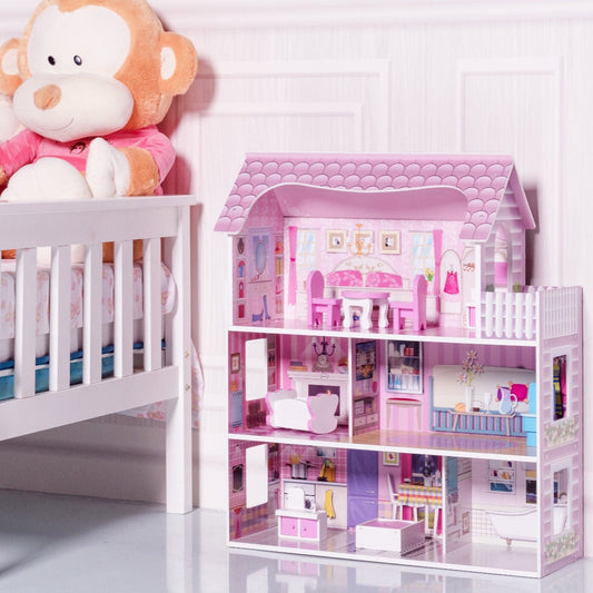 28 Inch Pink Dollhouse with Furniture - Color: Pink W2B
