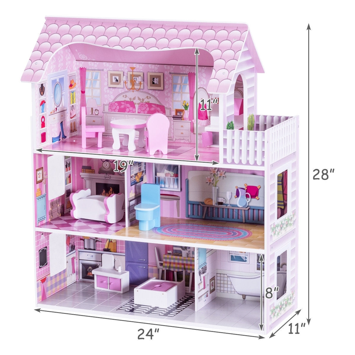28 Inch Pink Dollhouse with Furniture - Color: Pink W2B