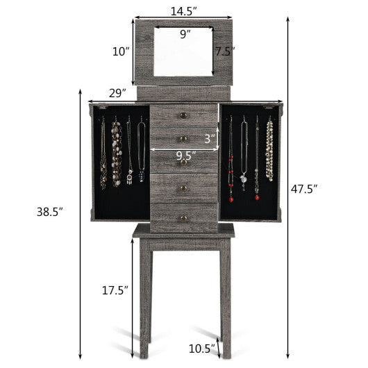 Standing Jewelry Cabinet Storage Organizer with Wooden Legs-Gray W2B
