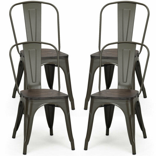 4 Pieces Tolix Style Metal Dining Side Chair Stackable Wood Seat-White W2B