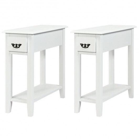 2 Pieces 2 Tier Sofa Side End Table with Drawer and Open Shelf-White W2B