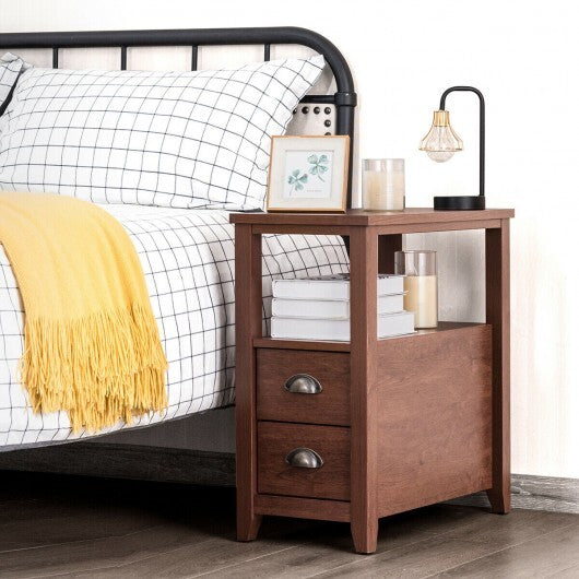 End Table Wooden with 2 Drawers and Shelf Bedside Table-Brown W2B