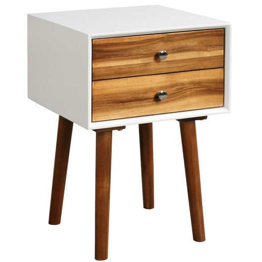 Wooden Nightstand Mid-Century End Side Table with 2 Storage Drawers-White W2B