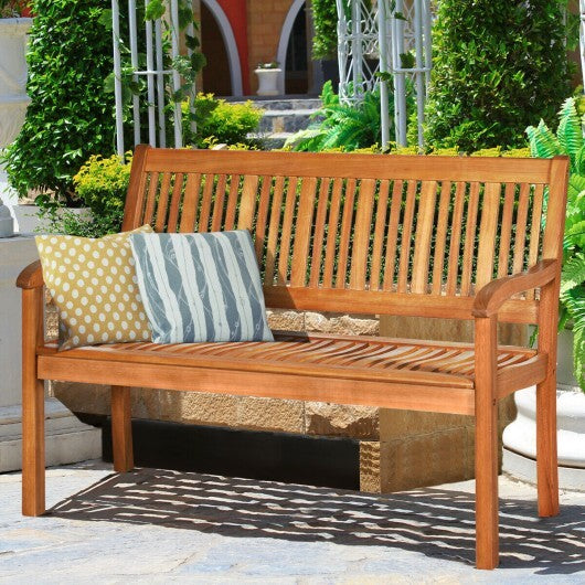 Two Person Solid Wood Garden Bench with Curved Backrest and Wide Armrest W2B