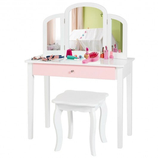 Kids Princess Make Up Dressing Table with Tri-folding Mirror and Chair-Pink W2B
