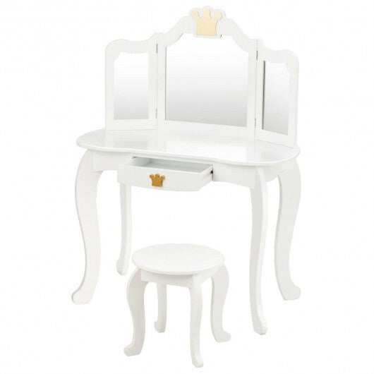 Kids Makeup Dressing Table with Tri-folding Mirror and Stool-Pink W2B