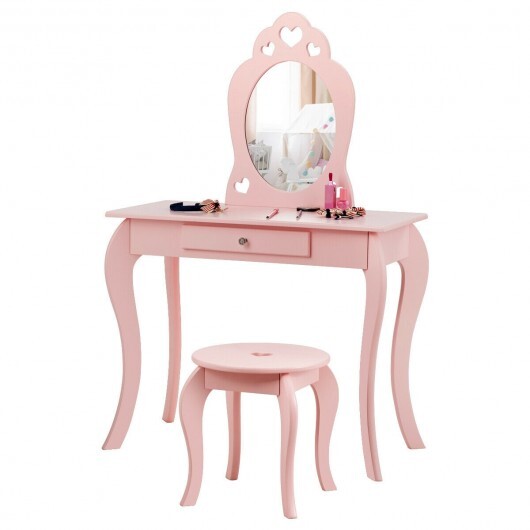 Kids Princess Makeup Dressing Play Table Set with Mirror -Pink - Color: Pink W2B