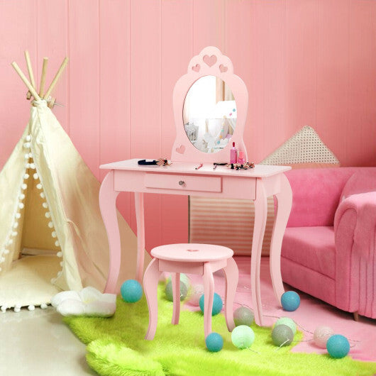 Kids Princess Makeup Dressing Play Table Set with Mirror -Pink W2B