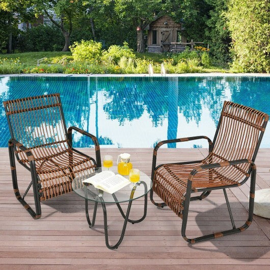 3 Pieces Patio Rattan Furniture Set with 2 Single Wicker Chairs and Glass Side Table W2B