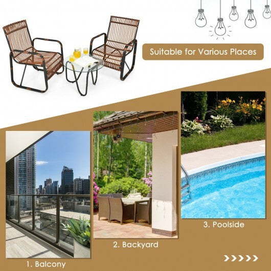 3 Pieces Patio Rattan Furniture Set with 2 Single Wicker Chairs and Glass Side Table W2B