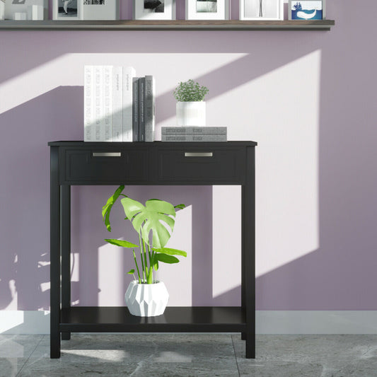 Narrow Console Table with Drawers and Open Storage Shelf-Black - Color: Black W2B