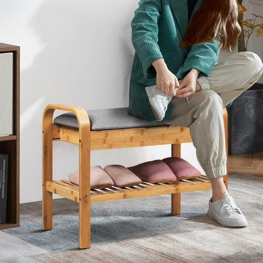 Shoe Rack Bench Bamboo with Storage Shelf-Natural - Color: Natural W2B