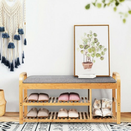 3-Tier Bamboo Shoe Rack Bench with Cushion-Natural W2B