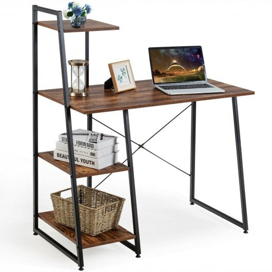 Computer Desk with Shelves and 3-Tier Storage Bookshelf-Brown - Color: Brown W2B
